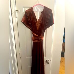 Revelry Velvet Convertible Bridesmaid Dress V Neck Tie Back Petit Maxi Rust S